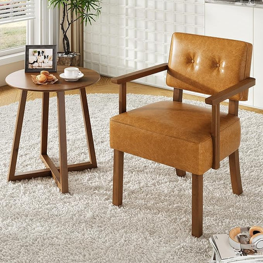 GarveeHome Faux Leather Accent Chair Mid-Century Modern Armchair with Button Tufting Reading Leisure Chair with Wood Frame for Living Room Brown
