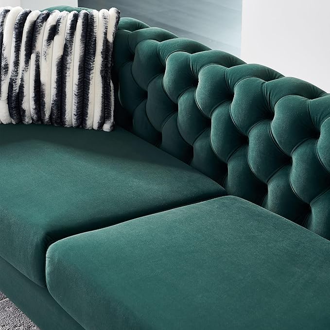 Chesterfield Modern Tufted Velvet Living Room Sofa with High Armrest and Metal Legs Decor 84.25''W 3 Seater Couch Couches Furniture for Bedroom Office (Green)