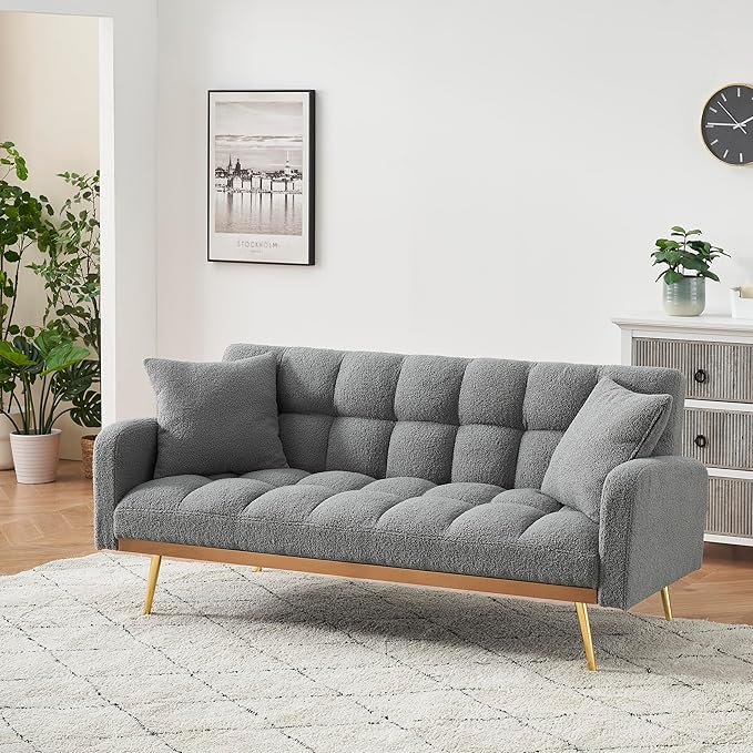 KEIKI 69 Folding Futon Sofa Couch w/Adjustable Backrest Mid Century Modern Loveseat Convertible to Sleeper Bed Small Comfy Teddy Cloud Couch SofaBed for Living Room &amp Bedroom 2 Pillows Gray