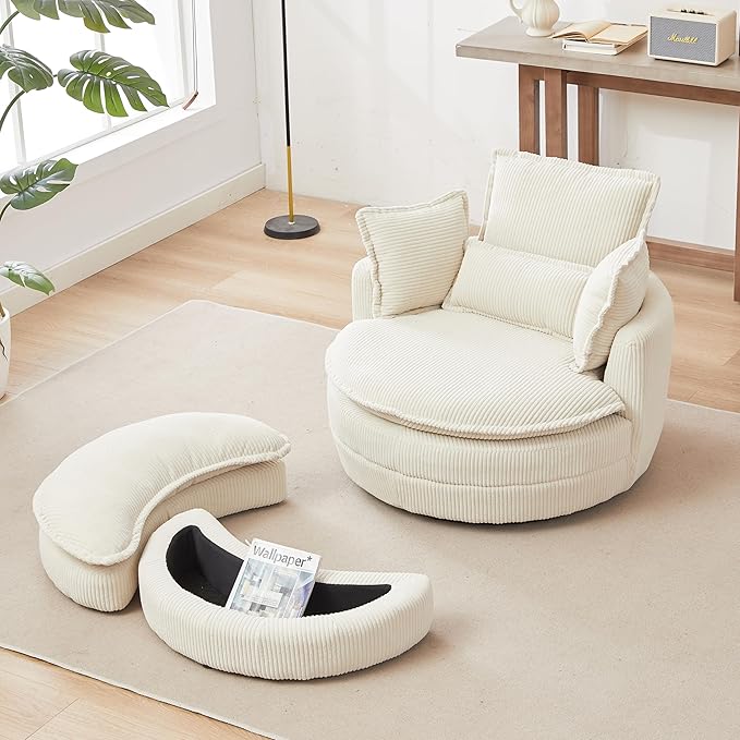 Modern Swivel Chair 38 W Oversized Swivel Chair with Moon Storage Ottoman Accent Round Loveseat Circle Swivel Barrel Chairs with 4 Pillows Cuddle Sofa Chair Lounger Armchair (Beige * 99)