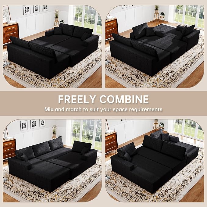 140 U-Shaped Modular Sectional Sofa for Living Room3 Seater Cloud Sectional Couch with Chaise LoungeDeep Seat with PillowsNo Assembly Required (Black)