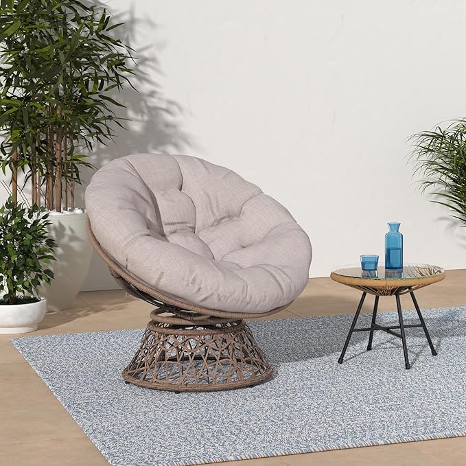 Bme 40 Ergonomic Wicker Papasan Chair with Soft Thick Density Fabric Cushion High Capacity Steel Frame 360 Degree Swivel for Living Bedroom Reading Room Lounge Silver Cloud - Brown Base