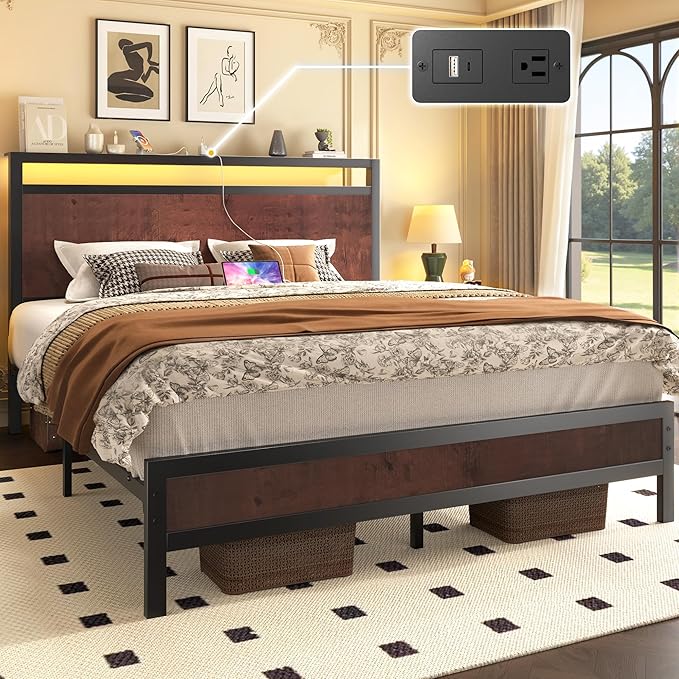 Queen Bed Frame with Headboard &amp Footboard Bed Frame with Built-in Charging Station &amp LED Light Storage Shelf Noise-Free No Box Spring Needed Easy Assembly Coffee Brown