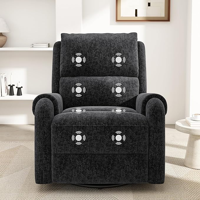 Christopher Knight Home Harper Massage Recliner Chair with 8 Modes Chenille Upholstered Recliner Sofa Swivel Massage Chair with a Side Storage Pocket for Living Room/Bedroom Head Support Black