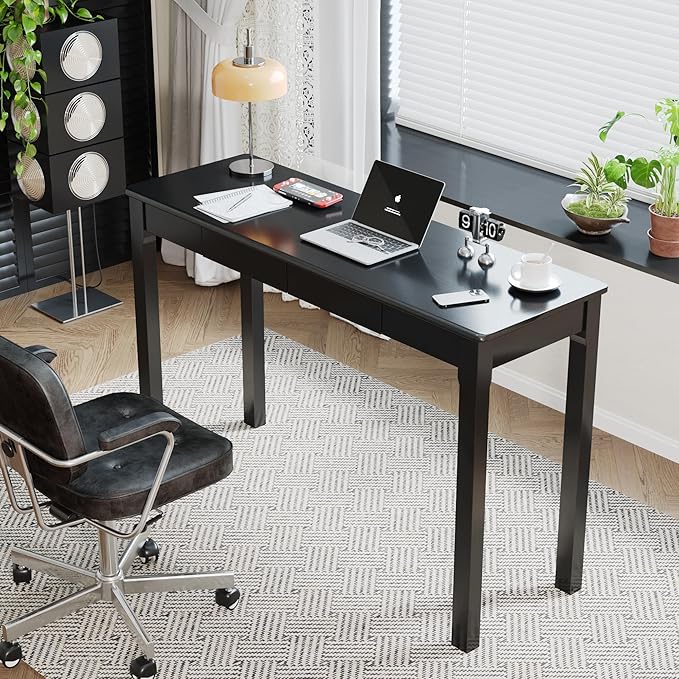 Solid Wood Desk with Drawers - 47 x 16 Inch Modern Narrow Desks Rubber Wood Study Table Small Writing Desk for Small Spaces|Bedroom - Black Desks