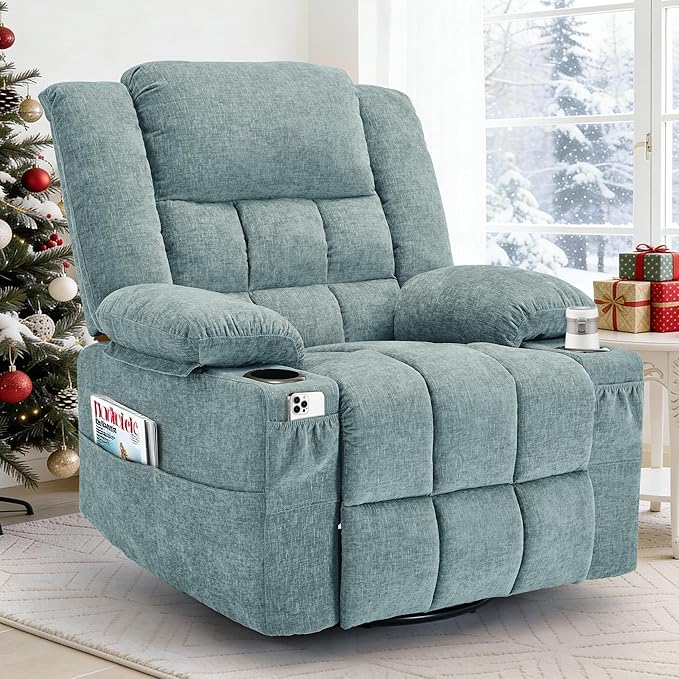 Adult 360° Swivel Rocking Recliner Nursery Rocking Chair with Massage and Heating Function Cup Holder Manually Adjustable Seat for Living Room and Bedroom (Fabric Lake Blue)