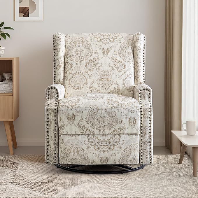 Swivel Rocker Recliner Chair Manual Nursery Glider Recliner Floral Fabric Wingback Accent Chair with Adjustable Backrest &amp Footrest for Small Spaces Living Room Bedroom (Beige Set of 2)