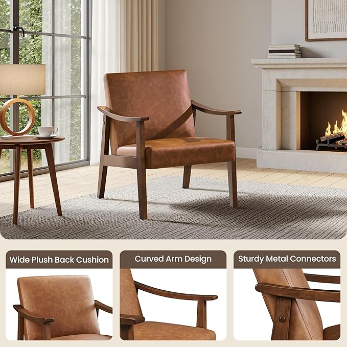 Yaheetech PU Leather Accent Chair Mid-Century Modern Armchair with Solid Wood Legs Reading Leisure Chair with High Back for Living Room Bedroom Waiting Room Brown