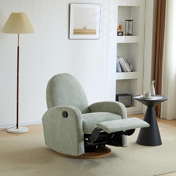 GDFStudio Swivel Glider Recliner Chair Nursery Rocker Recliner Chair with Boucle Upholstered High Back Single Seat Sofa Chair with Deep Seat Manual Nursing Reclining for Living Room Light Green