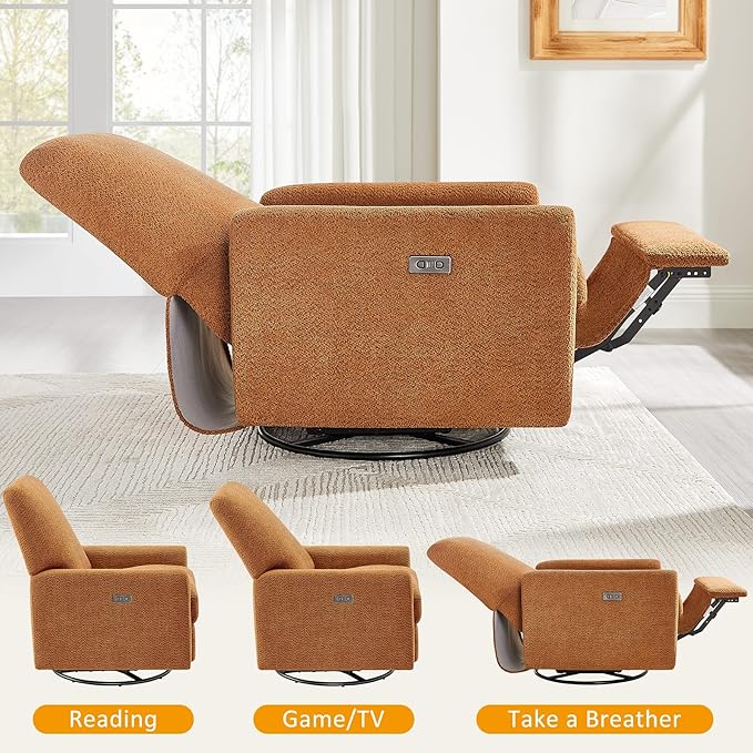 VANOMi Power Swivel Glider Recliner Chair Electric Nursery Rocker Recliner Chair USB &amp Type-C Charger Boucle Curry