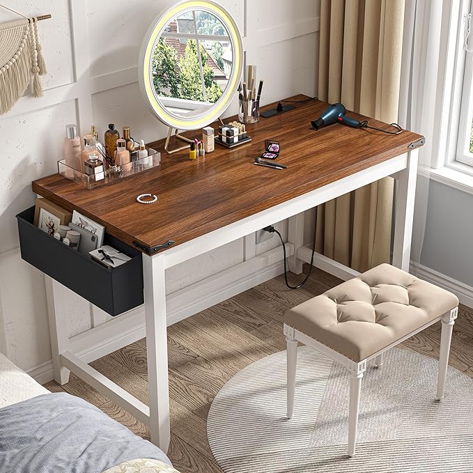 EnHomee 32 Inch Small Desk with Storage Bag Detachable Gaming Desk with Power Outlet Modern Simple Home Office Desk and Writing Desk for Small Spaces Study Desk for Bedroom Brown &amp White