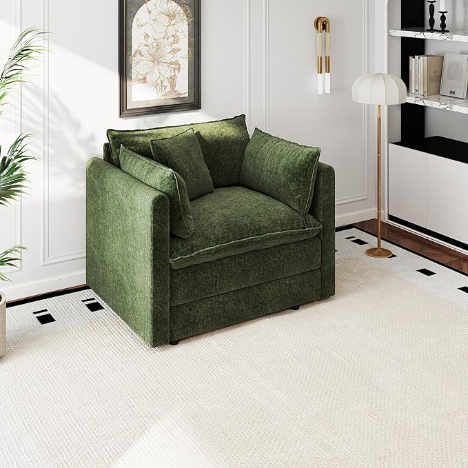 Aoowow Single Deep Seat Sofa Comfy Chenille CouchModern Upholstered Accent Armchair with Pillow for Living Room Bedroom Apartment(Green)