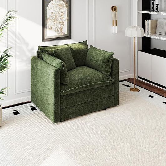 Aoowow Single Deep Seat Sofa Comfy Chenille CouchModern Upholstered Accent Armchair with Pillow for Living Room Bedroom Apartment(Green)