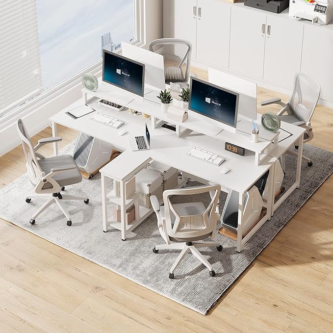Mexin Double Desk for Two People - 83.7 Inch 2 Person Desk with Storage Shelves and Power Outlets Home Office Desk with Monitor Stand Long Gaming Desk Large Workstation White