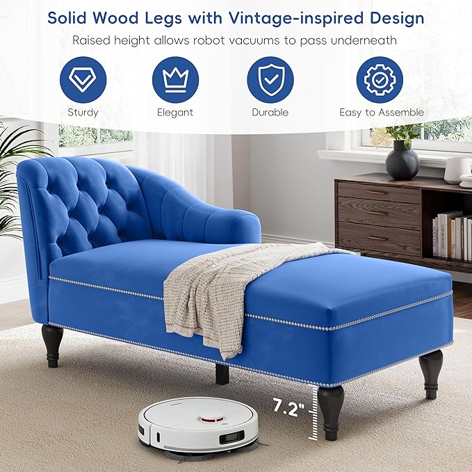 Velvet Upholstered Sofa Chaise Loungers 58 Chaise Lounge with Nailhead Trim and Solid Wood Legs Button Tufted Right Arm Facing Lounge Chair for Living Room Sleeper Lounge Sofa