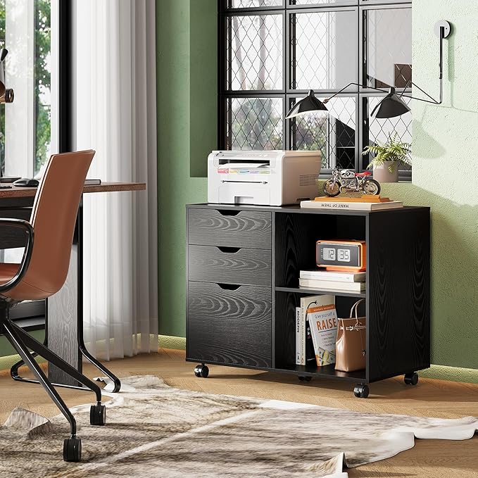 DEVAISE 3-Drawer Wood File Cabinet Mobile Lateral Filing Cabinet Printer Stand with Open Storage Shelves for Home Office Black