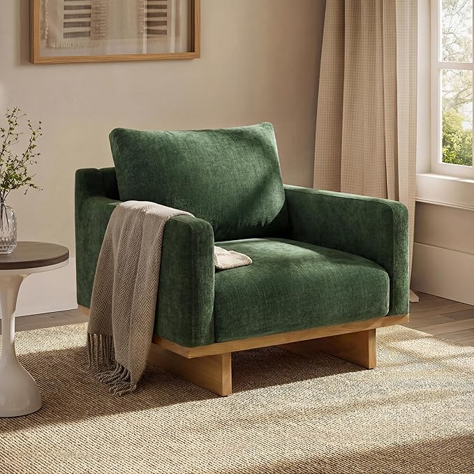 Christopher Knight Home Modern Minimalist Accent Chair with Solid Wood Frame Soft Cushions Spacious Seat Living Room Bedroom Reading Chair Green