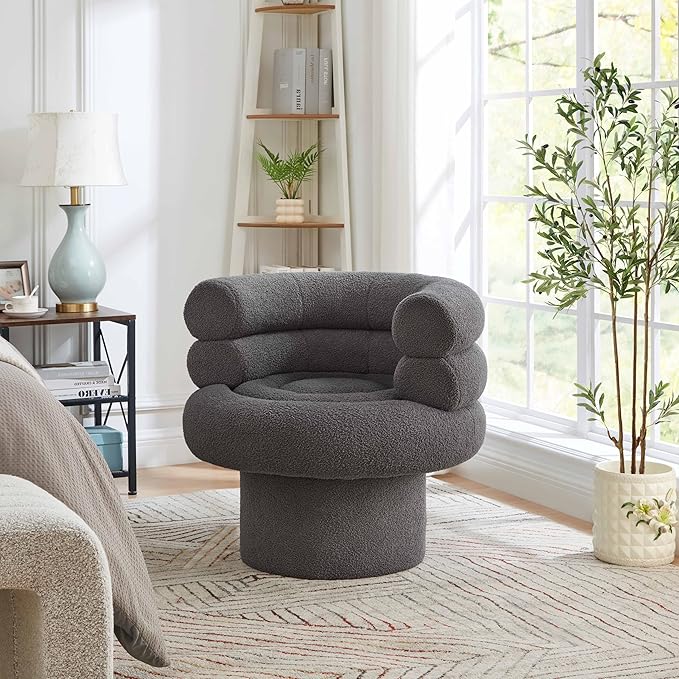 360° Swivel Barrel Accent Chair - Cozy Sherpa Fabric Upholstery Ergonomic Wrap-Around Design Sturdy Base Modern Style for Living Room Bedroom or Office (Grey)