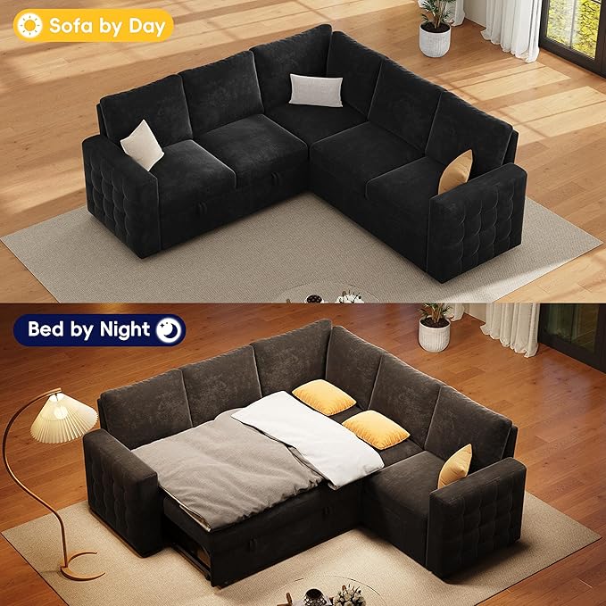 86 Sectional Sleeper Sofa Bed Sleeper Couch with Pull out Bed L Shaped Couch with Storage Modular Sectional Sofa Sectional Couches for Living Room&ampApartment Convertible Sofas Black Couches