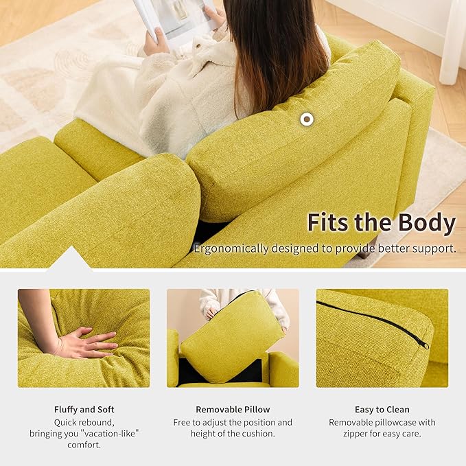 89 3-Seater Sofa Deep Seat Sofa with Comfy Cushion Mid Century Modern Couches for Living Room Upholstered Comfy Sofa Couch for Bedroom Apartment Yellow