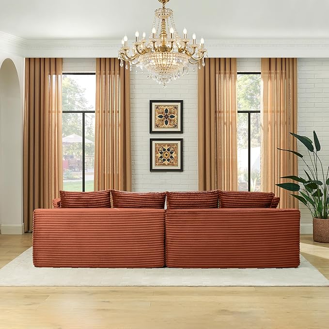 U-Shaped Cloud Sectional Couch Symmetrical Modular Compressed Boneless Sectional Sofa with Chaise Lounges Plush Corduroy Boneless Corner Sofa for Living Room