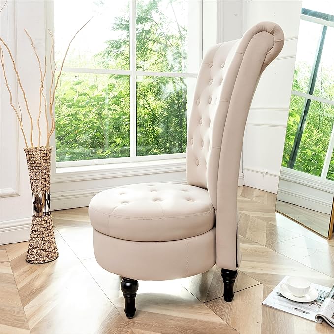 Royal High-Back Velvet Accent Chair for Vanity with Storage and Luxurious Upholstery Retro Design and Versatile Usage for Living Room Bedroom Lounge and Office Ivory