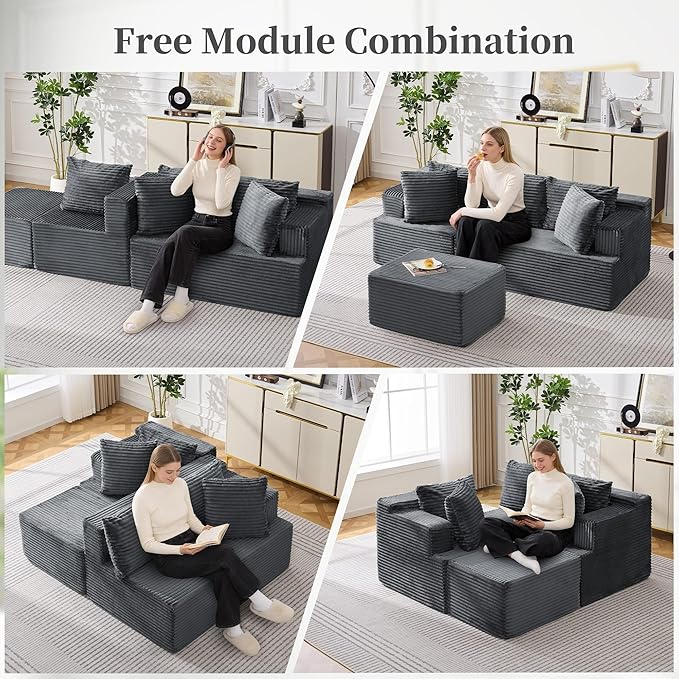 80 Cloud Modular Sectional Sofa with L-Shaped Boneless Couches for Living Room Fluffy Comfy Corduroy Deep Seat with Ottoman Bedroom Apartment No Assembly Required