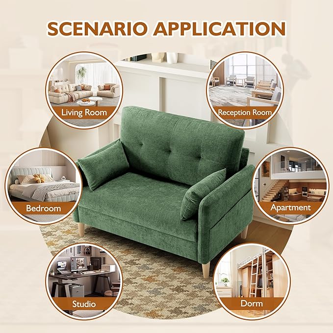 47 Small Sofa Couch for Bedroom Soft Chenille loveseat Mini Couch with Throw Pillow and Removable Cushion Cover for Small Spaces Living Room Apartment Dorm Office(Green)