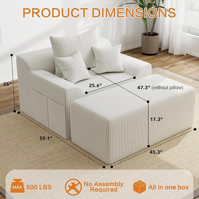 60'' Chaise Lounge Chair Indoor Oversized Upholstered Sofa Bed Sleeper Couch Reading Chairs Plush Corduroy Fabric Sofas Couches for Living Room (White)