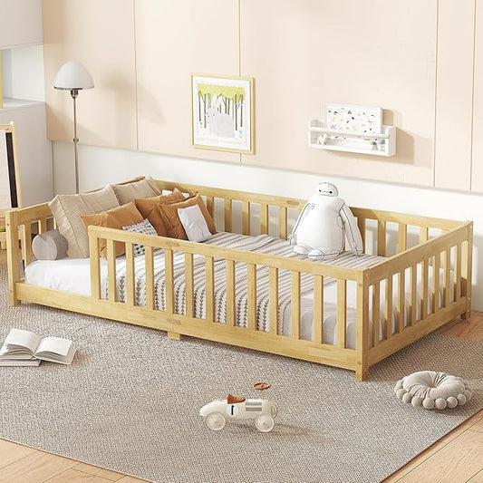 Bellemave Twin Floor Bed with Slats and Safety Guardrails Kids Montessori Floor Beds with Fence and Without Door Easy Assemble Floor Bed for Kids Girls Boys Natural