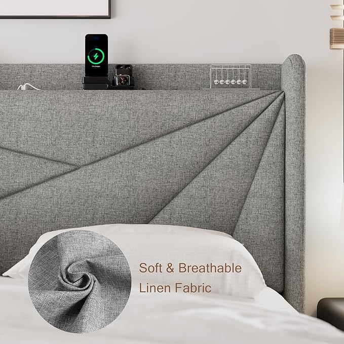 Full Size Upholstered Bed Frame with Charging Station Platform Bed Frame with Storage Headboard Solid Wood Slats Support No Box Spring Needed Light Gray