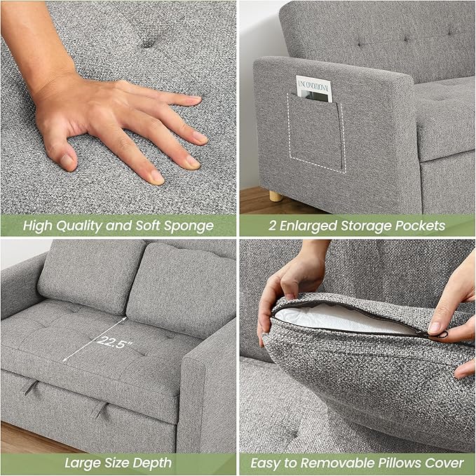 SEJOV Convertible Sofa Bed 3-in-1 Sleeper Sofa Pull Out Couch Bed 2-Seater Linen Fabric Loveseat Futon Sofa with Spring Support Adjustable Backrest for Small Spaces Living Room Grey