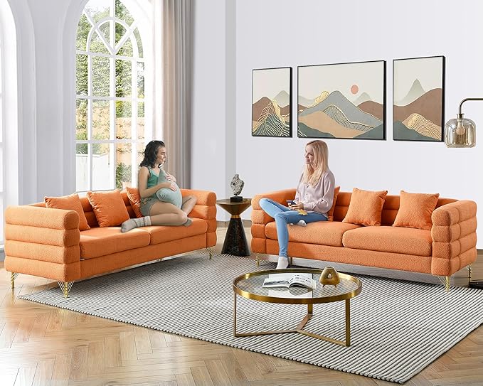 2 Pieces Cloud Sofa Set Teddy Bouclé 3 Seater Couch Sets Upholstered Tufted Modern Sofa with Gold Legs &amp Pillows Comfy Deep Seat Sherpa Couch for Living Room Bedroom Office Apartment(Orange)