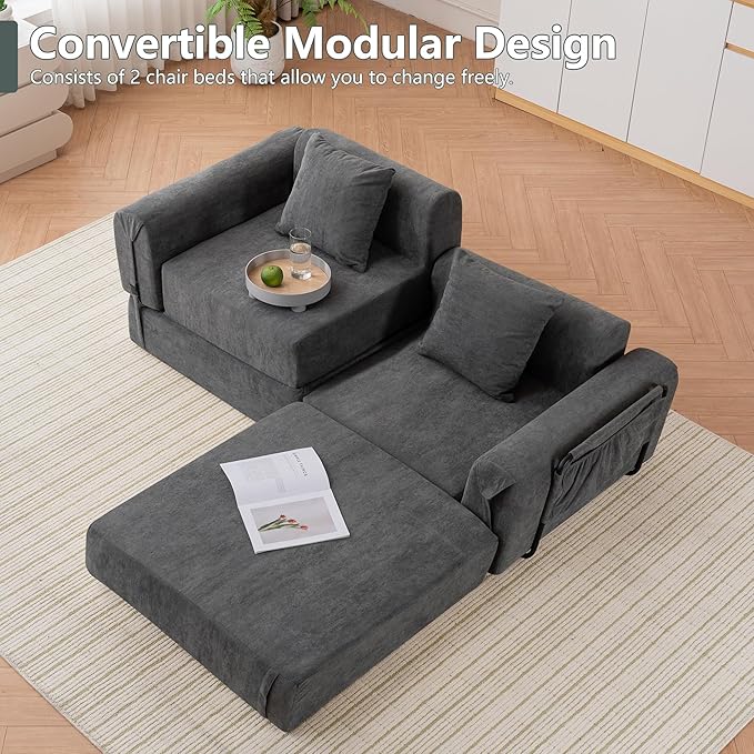 GNIXUU 71.3 Convertible Sleeper Sofa Bed Modern Convertible Boneless Couch with Foldable/Pull Out Bed Compressed Modular Futon Couch with Pillows &amp Storage Pocket for Living Room Bedroom Gray