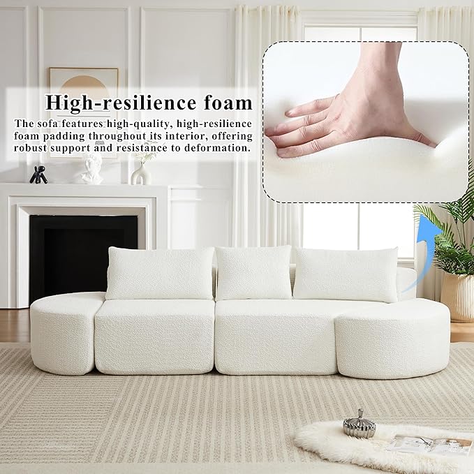 106“ Boneless Chenille V-Shaped Modular Sofa Set Three Throw Pillows 3-Seater Sofa Two Curved Ottomans Combination Couch for Living Rooms (Beige 106 Left Chaise)