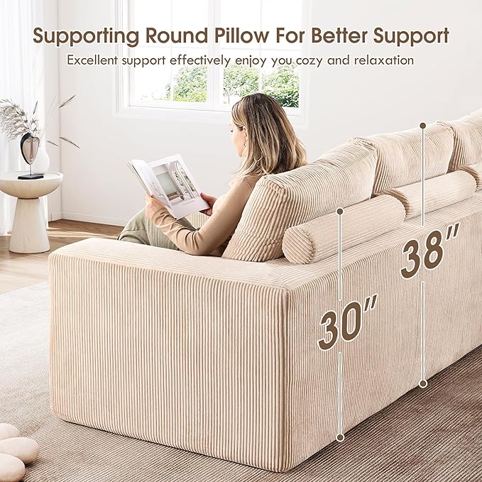 108 Modular Cloud Sectional Sofa 17.8 Comfort Height &amp Neck Pillow Modern Corduroy Couch with L-Shape Oversized Chaise for Living Room Bedroom No Assembly Required (Beige)