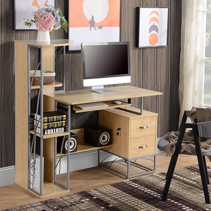 Modern Computer Desk with 4 Tier Bookshelf Home Office Writing Table Workstation with Tower Storage Shelves Keyboard Tray Lockable Drawers Natural