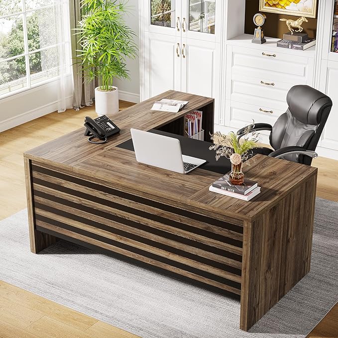 Tribesigns 62.2 Executive Desk with Mobile File Cabinet L-Shaped Office Desk with Storage Shelves Large Computer Desk Business Workstation Set for Home Office Light Brown