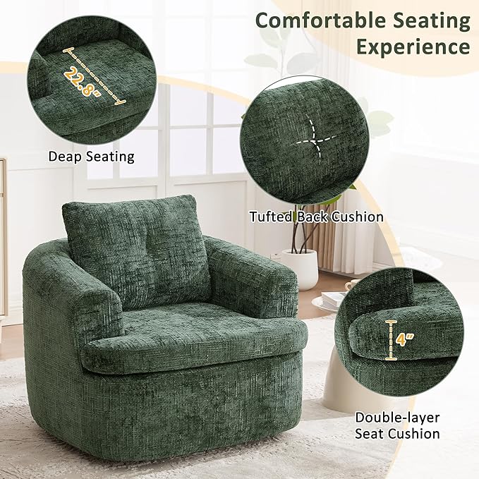 Merax 360° Swivel Sofa Chair Chenille Fabric Accent Barrel Chair 36.6 Swivel Round Chair with Dual-Layer Cushion Design for Living Room Bedroom Office and Hotel Green