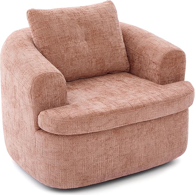 360° Swivel Barrel Accent Chair 36.6 Swivel Round Sofa Chair with Dual-Layer Cushion Design Modern Upholstered Single Sofa for Living Room Bedroom Office and Hotel (Pink 121)