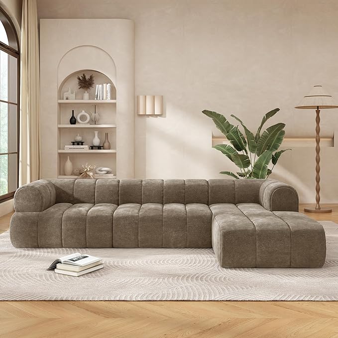 Christopher Knight Home Mania 122 Modular L-Shape Sofa Couch with Chaise Lounge Modern Sectional Sofa Set for Living Room Boucle Fabric Upholstered Cloud Couch with Deep Seat Brown
