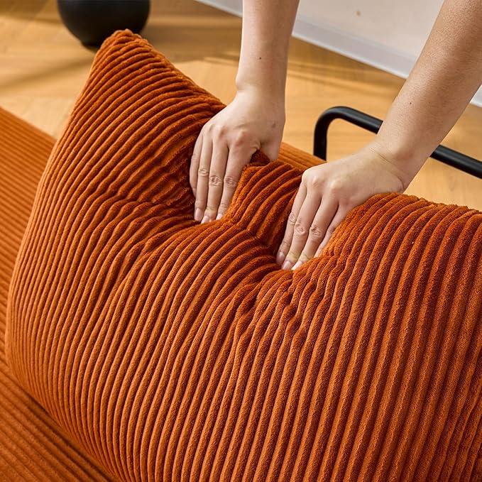 Convertible Floor Sofa Bed Modern King Sleeper Folding Mattress Couch with Pillows Corduroy Boneless Sectional Sofa Couch for Living Room Game Room Orange