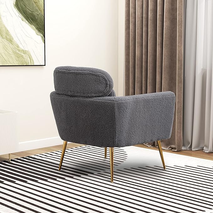 29.5 W Modern Boucle Accent Chair Armchair Upholstered Reading Chair Single Sofa Leisure Club Chair with Gold Metal Leg and Throw Pillow for Living Room Bedroom Dorm Room Office Gray Boucle