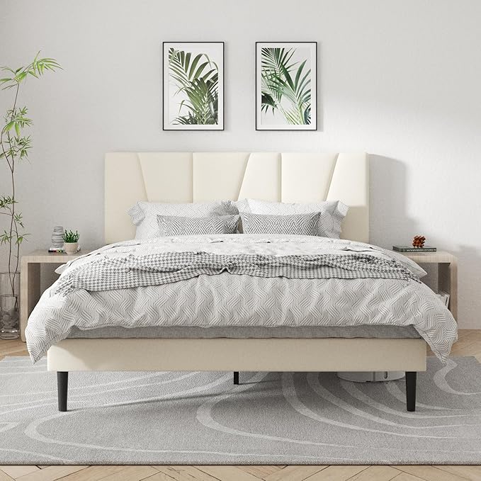Queen Size Platform Bed Frame with Geometric Upholstered Headboard Noise Free Wooden Slats Support No Box Spring Needed Easy Assembly Beige Velvet