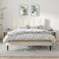 Queen Size Platform Bed Frame with Geometric Upholstered Headboard Noise Free Wooden Slats Support No Box Spring Needed Easy Assembly Beige Velvet