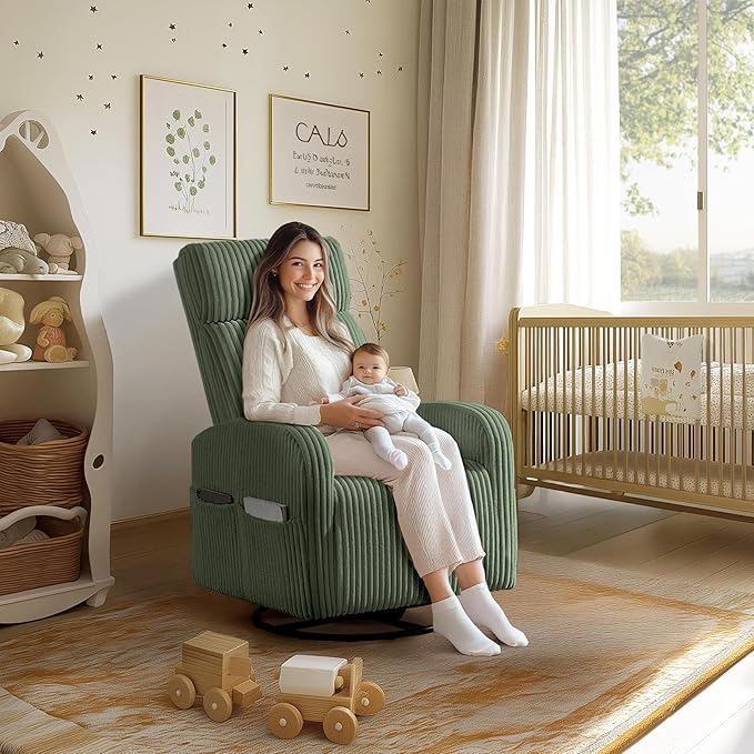 Yaheetech 360° Swivel Glider Chair for Nursery Rocking Chair Nursing Chair with Side Pockets Corduroy Glider for Living Room with High Back Dark Green