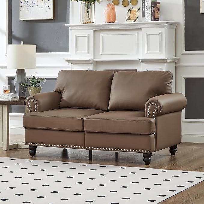2 Pieses Living Room Sofa Sets Faux Leather Couch and Loveseat with Nailhead Decor Soild Wood Legs Rolled Armrests &amp Storage 2PCS Sofas 3 Seaters Couch and Love Seat for Living Room Furniture S