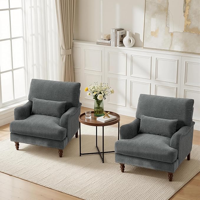Accent Chairs Set of 2 Upholstered Armchair with Nailhead Trim &amp Solid Wood Legs Mid Century Modern Chenille Club Chair for Living Room/Bedroom/Reading Room Gray
