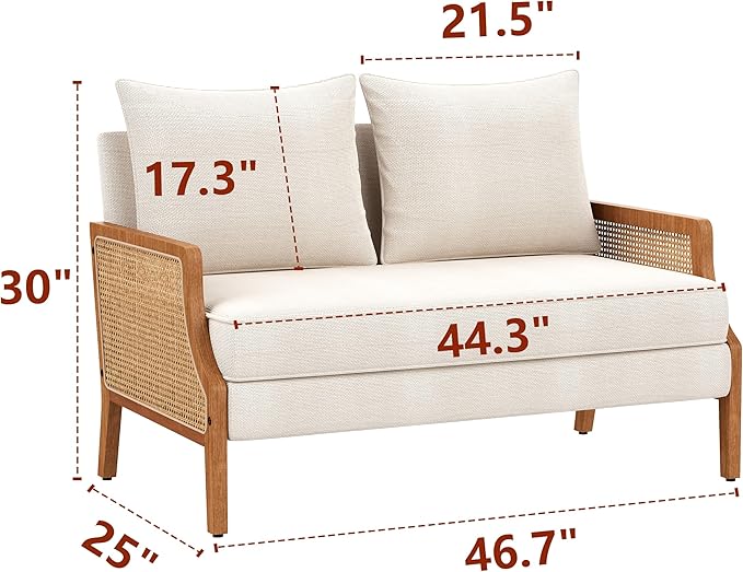 Aklaus 45 W Fabric Small Beige loveseat with Natural Rattan ArmsUpholstered Modern Mini Sofa Linen Couch Love Seat Settee Bench with Back for Living Room Bedroom Office Small Space Entryway Ivy