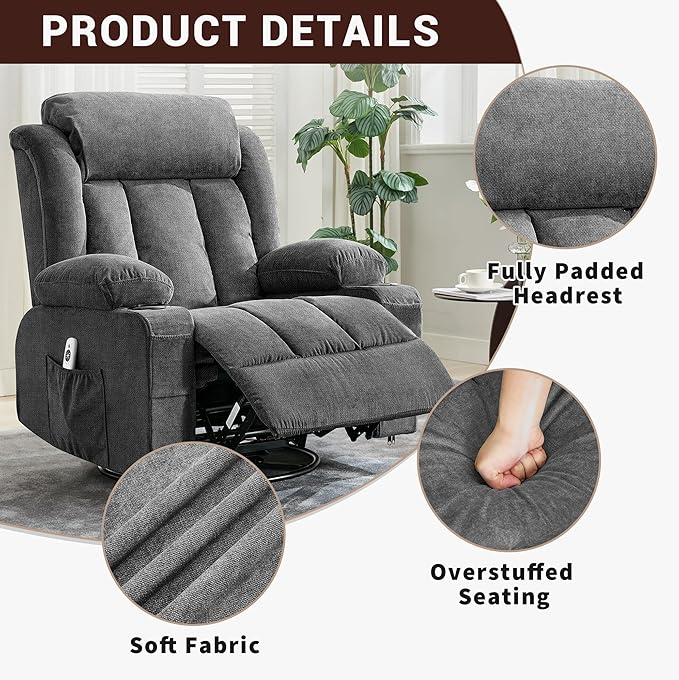 GarveeHome Rocker Swivel Recliner Chair with Heat Massage Large Wide Rocking Lazy Boy Single Sofa Seat with 3 Positions 2 Side Pockets Cup Holders USB Ports Remote Control (Gary)